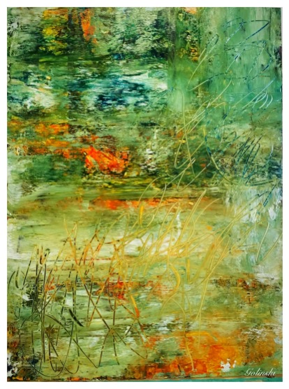 On Golden Pond $125 9.25 by 12 acrylics and inks on YUPO